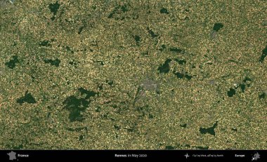 Rennes. Mayıs 2020 'de Copernicus Sentinel karolarından oluşan bir uydu görüntüsü üzerine Fransa' nın idari bölgesi