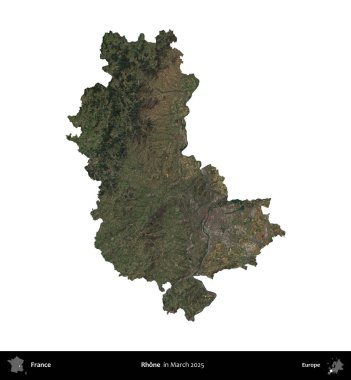 Rhone. Fransa 'nın idari bölgesi, Mart 2025' te çekilen Kopernik Nöbetçi karolarından oluşan bir uydu görüntüsüyle beyaza izole edildi.