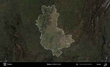 Rhone. Fransa 'nın idari alanı, Mart 2025' te çekilen Kopernik Sentinel karolarından oluşan koyu renkli bir uydu görüntüsü üzerinde vurgulandı ve özetlendi.