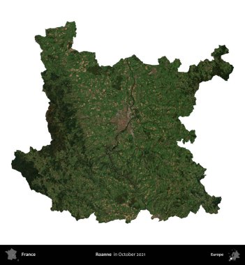 Roanne. Fransa 'nın idari bölgesi, Ekim 2021' de çekilen Kopernik Nöbetçi karolarından oluşan bir uydu görüntüsüyle beyaza izole edildi.