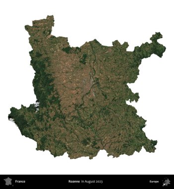 Roanne. Fransa 'nın idari bölgesi, Ağustos 2023' te çekilen Kopernik Nöbetçi karolarından oluşan bir uydu görüntüsüyle beyaza izole edildi.