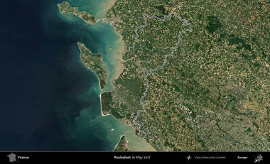 Rochefort. Mayıs 2017 'de çekilen Copernicus Sentinel karolarından oluşan bir uydu görüntüsünde Fransa' nın idari bölgesinin ana hatları belirlendi.