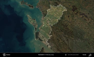 Rochefort. Fransa 'nın idari alanı, Şubat 2023' te çekilen Kopernik Nöbetçi karolarından oluşan koyu renkli bir uydu görüntüsü üzerinde vurgulandı ve özetlendi.