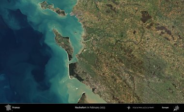 Rochefort. Copernicus Sentinel 'in Şubat 2023' te çekilmiş uydu görüntüsü üzerine Fransa 'nın idari bölgesi.