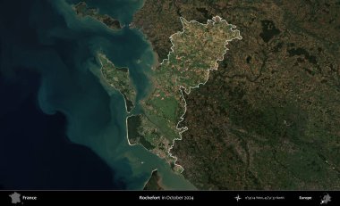 Rochefort. Fransa 'nın idari alanı, Ekim 2024' te çekilen Kopernik Nöbetçi karolarından oluşan koyu renkli bir uydu görüntüsü üzerinde vurgulandı ve özetlendi.