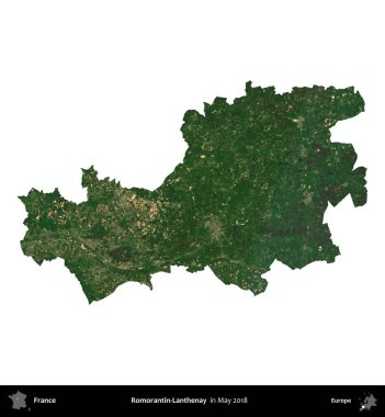 Romorantin-Lanthenay. Fransa 'nın idari bölgesi, Mayıs 2018' de çekilen Kopernik Nöbetçi karolarından oluşan bir uydu görüntüsüyle beyaza izole edildi.