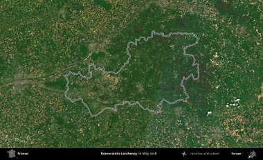 Romorantin-Lanthenay. Mayıs 2018 'de çekilen Copernicus Sentinel karolarından oluşan bir uydu görüntüsünde Fransa' nın idari bölgesinin ana hatlarını çizdim.