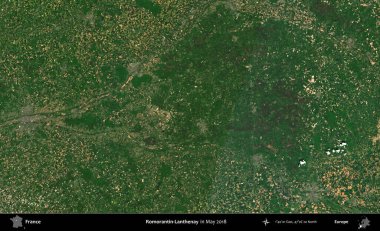 Romorantin-Lanthenay. Copernicus Sentinel 'in Mayıs 2018' de çekilmiş uydu görüntüsü üzerine Fransa 'nın idari bölgesi.