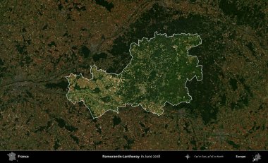 Romorantin-Lanthenay. Fransa 'nın idari alanı, Haziran 2018' de çekilen Kopernik Sentinel karolarından oluşan koyu renkli bir uydu görüntüsü üzerinde vurgulandı ve özetlendi.