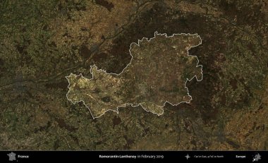 Romorantin-Lanthenay. Fransa 'nın idari alanı, Şubat 2019' da çekilen Kopernik Sentinel karolarından oluşan koyu renkli bir uydu görüntüsü üzerinde vurgulandı ve özetlendi.