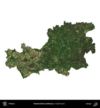 Romorantin-Lanthenay. Fransa 'nın idari bölgesi, Nisan 2020' de çekilen Kopernik Nöbetçi karolarından oluşan bir uydu görüntüsüyle beyaza izole edildi.