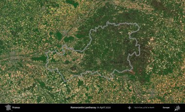 Romorantin-Lanthenay. Nisan 2020 'de çekilen Kopernik Nöbetçi karolarından oluşan bir uydu görüntüsünde Fransa' nın idari bölgesinin ana hatlarını çizdim.