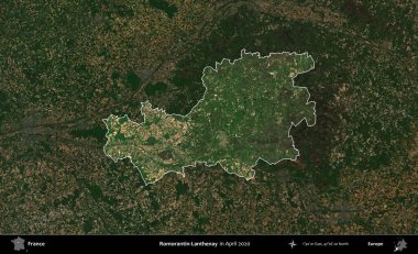 Romorantin-Lanthenay. Fransa 'nın idari alanı, Nisan 2020' de çekilen Kopernik Nöbetçi karolarından oluşan koyu renkli bir uydu görüntüsü üzerinde vurgulandı ve özetlendi.