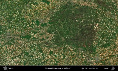 Romorantin-Lanthenay. Nisan 2020 'de Copernicus Sentinel karolarından oluşan bir uydu görüntüsü üzerine Fransa' nın idari bölgesi