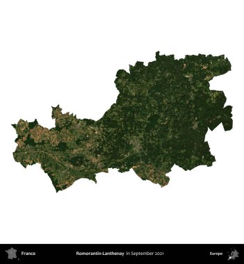 Romorantin-Lanthenay. Fransa 'nın idari bölgesi, Eylül 2021' de çekilen Kopernik Nöbetçi karolarından oluşan bir uydu görüntüsü üzerinde beyaza izole edildi.