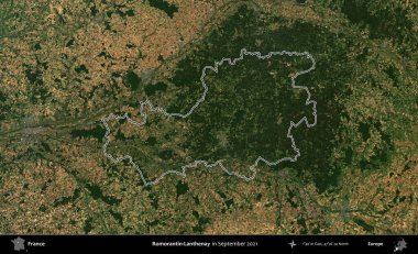 Romorantin-Lanthenay. Eylül 2021 'de çekilen Copernicus Sentinel karolarından oluşan bir uydu görüntüsünde Fransa' nın idari bölgesinin ana hatlarını çizdim.