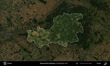 Romorantin-Lanthenay. Fransa 'nın idari alanı, Eylül 2021' de çekilen Kopernik Sentinel karolarından oluşan koyu renkli bir uydu görüntüsü üzerinde vurgulandı ve özetlendi.