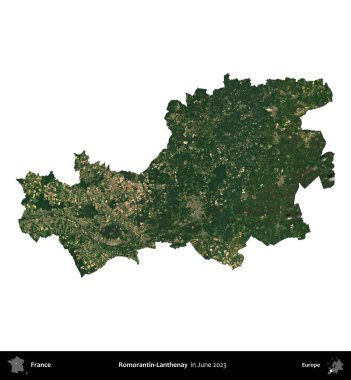 Romorantin-Lanthenay. Fransa 'nın idari bölgesi, Haziran 2023' te çekilen Kopernik Nöbetçi karolarından oluşan bir uydu görüntüsüyle beyaza izole edildi.