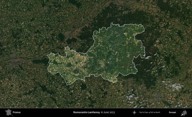 Romorantin-Lanthenay. Fransa 'nın idari alanı, Haziran 2023' te çekilen Kopernik Nöbetçi karolarından oluşan koyu renkli bir uydu görüntüsüyle vurgulandı ve özetlendi.