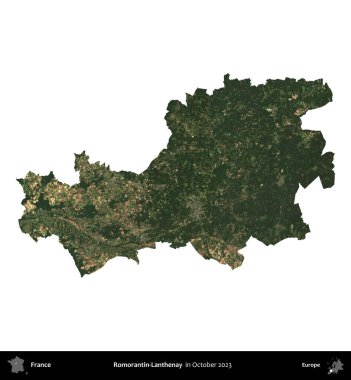Romorantin-Lanthenay. Fransa 'nın idari bölgesi, Ekim 2023' te çekilen Kopernik Nöbetçi karolarından oluşan bir uydu görüntüsüyle beyaza izole edildi.