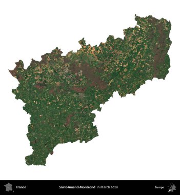 Saint-Amand-Montrond. Fransa 'nın idari bölgesi, Mart 2020' de çekilen Kopernik Nöbetçi karolarından oluşan bir uydu görüntüsüyle beyaza izole edildi.