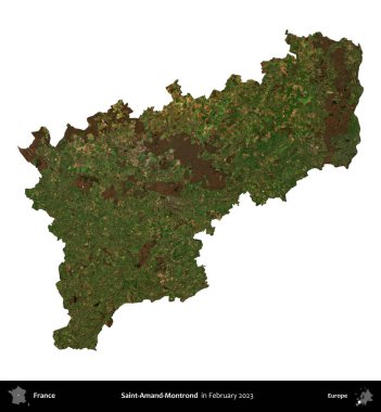 Saint-Amand-Montrond. Fransa 'nın idari bölgesi, Şubat 2023' te çekilen Kopernik Nöbetçi karolarından oluşan bir uydu görüntüsüyle beyaza izole edildi.