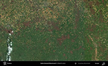 Saint-Amand-Montrond. Copernicus Sentinel 'in Mart 2020' de çekilmiş uydu görüntüsü üzerine Fransa 'nın idari bölgesi.