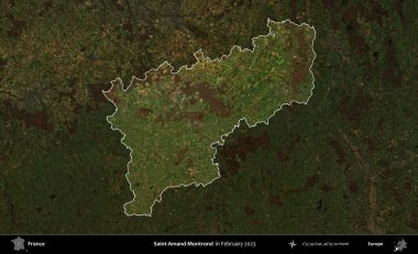 Saint-Amand-Montrond. Fransa 'nın idari alanı, Şubat 2023' te çekilen Kopernik Nöbetçi karolarından oluşan koyu renkli bir uydu görüntüsü üzerinde vurgulandı ve özetlendi.