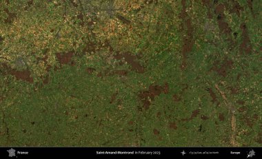 Saint-Amand-Montrond. Copernicus Sentinel 'in Şubat 2023' te çekilmiş uydu görüntüsü üzerine Fransa 'nın idari bölgesi.
