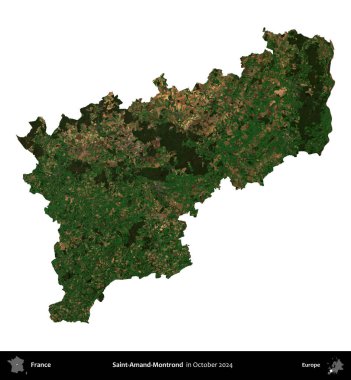 Saint-Amand-Montrond. Fransa 'nın idari bölgesi, Ekim 2024' te çekilen Kopernik Nöbetçi karolarından oluşan uydu görüntüsüyle beyaza izole edildi.