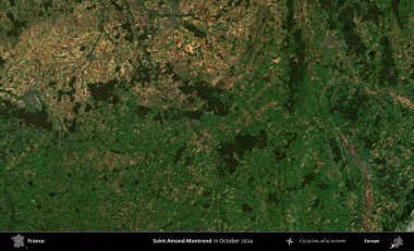 Saint-Amand-Montrond. Copernicus Sentinel 'in Ekim 2024' te çekilmiş uydu görüntüsü üzerine Fransa 'nın idari bölgesi.
