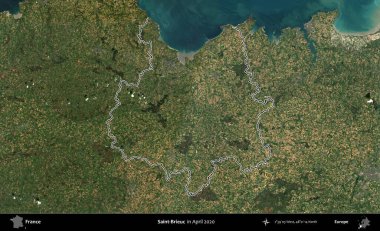 Saint-Brieuc 'de. Nisan 2020 'de çekilen Kopernik Nöbetçi karolarından oluşan bir uydu görüntüsünde Fransa' nın idari bölgesinin ana hatlarını çizdim.