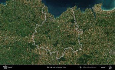 Saint-Brieuc 'de. Copernicus Sentinel 'in Ağustos 2021' de çekilen uydu görüntüsünde Fransa 'nın idari bölgesinin ana hatları belirlendi.