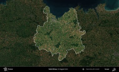 Saint-Brieuc 'de. Fransa 'nın idari alanı, Ağustos 2021' de çekilen Kopernik Sentinel karolarından oluşan koyu renkli bir uydu görüntüsü üzerinde vurgulandı ve özetlendi.