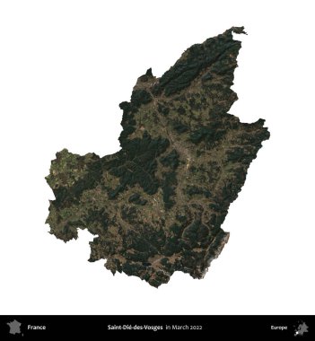 Saint-Die-des-Vosges. Fransa 'nın idari bölgesi, Mart 2022' de çekilen Kopernik Nöbetçi karolarından oluşan bir uydu görüntüsüyle beyaza izole edildi.