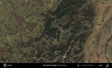 Saint-Die-des-Vosges. Copernicus Sentinel 'in Mart 2022' de çekilmiş uydu görüntüsü üzerine Fransa 'nın idari bölgesi.