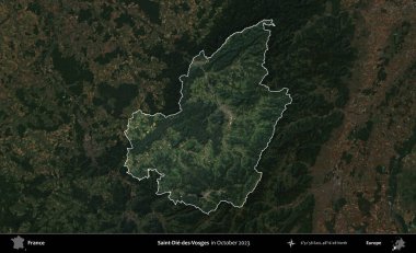 Saint-Die-des-Vosges. Fransa 'nın idari alanı, Ekim 2023' te çekilen Kopernik Nöbetçi karolarından oluşan koyu renkli bir uydu görüntüsü üzerinde vurgulandı ve özetlendi.