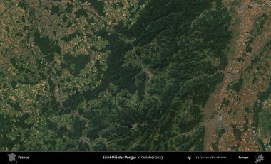Saint-Die-des-Vosges. Copernicus Sentinel 'in Ekim 2023' te çekilmiş uydu görüntüsü üzerine Fransa 'nın idari bölgesi.
