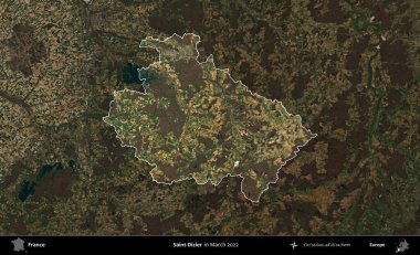 Aziz Dizier. Fransa 'nın idari alanı, Mart 2022' de çekilen Kopernik Sentinel karolarından oluşan koyu renkli bir uydu görüntüsü üzerinde vurgulandı ve özetlendi.