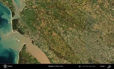 Azizler. Copernicus Sentinel 'in Mart 2021' de çekilmiş uydu görüntüsü üzerine Fransa 'nın idari bölgesi.