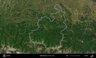 Saint-Gironlar. Haziran 2023 'te çekilen Copernicus Sentinel karolarından oluşan bir uydu görüntüsünde Fransa' nın idari bölgesinin ana hatları belirlendi.