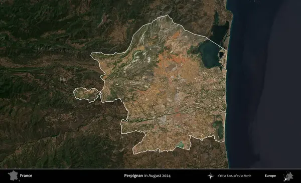 Perpignan. Fransa 'nın idari alanı, Ağustos 2024' te çekilen Kopernik Sentinel karolarından oluşan koyu renkli bir uydu görüntüsü üzerinde vurgulandı ve özetlendi.