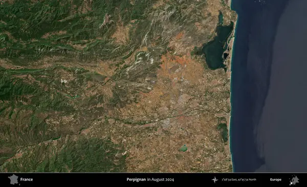 Perpignan. Copernicus Sentinel 'in Ağustos 2024' te çekilmiş uydu görüntüsü üzerine Fransa 'nın idari bölgesi.
