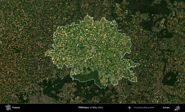 Pithivierlar. Fransa 'nın idari alanı, Mayıs 2020' de çekilen Kopernik Nöbetçi karolarından oluşan koyu renkli bir uydu görüntüsü üzerinde vurgulandı ve özetlendi.