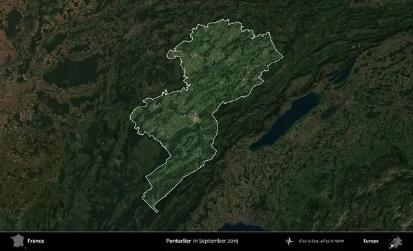 Pontarlier. Fransa 'nın idari alanı, Eylül 2019' da çekilen Kopernik Nöbetçi karolarından oluşan koyu renkli bir uydu görüntüsü üzerinde vurgulandı ve özetlendi.