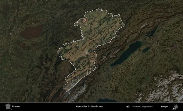Pontarlier. Fransa 'nın idari alanı, Mart 2022' de çekilen Kopernik Sentinel karolarından oluşan koyu renkli bir uydu görüntüsü üzerinde vurgulandı ve özetlendi.