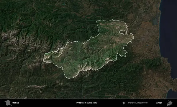 Övgü. Fransa 'nın idari alanı, Haziran 2017' de çekilen Kopernik Sentinel karolarından oluşan koyu renkli bir uydu görüntüsü üzerinde vurgulandı ve özetlendi.