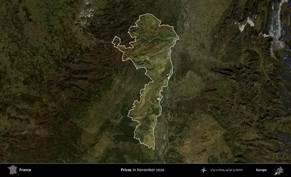 Askerler. Fransa 'nın idari alanı, Kopernik Sentinel' in Kasım 2020 'de çekilmiş koyu renkli bir uydu görüntüsüyle vurgulandı ve özetlendi.