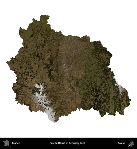 Puy-de-Dome. Fransa 'nın idari bölgesi, Şubat 2022' de çekilen Kopernik Nöbetçi karolarından oluşan bir uydu görüntüsüyle beyaza izole edildi.