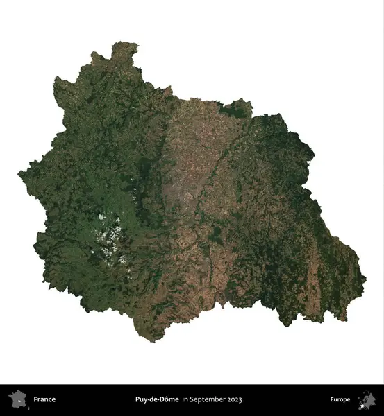 Puy-de-Dome. Fransa 'nın idari bölgesi, Eylül 2023' te çekilen Kopernik Nöbetçi karolarından oluşan bir uydu görüntüsü üzerinde beyaza izole edildi.
